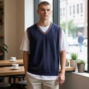 Vintage Y2K Vibes Navy V Neck Striped Trim‎ Jersey Vest Size 2XL - NEW